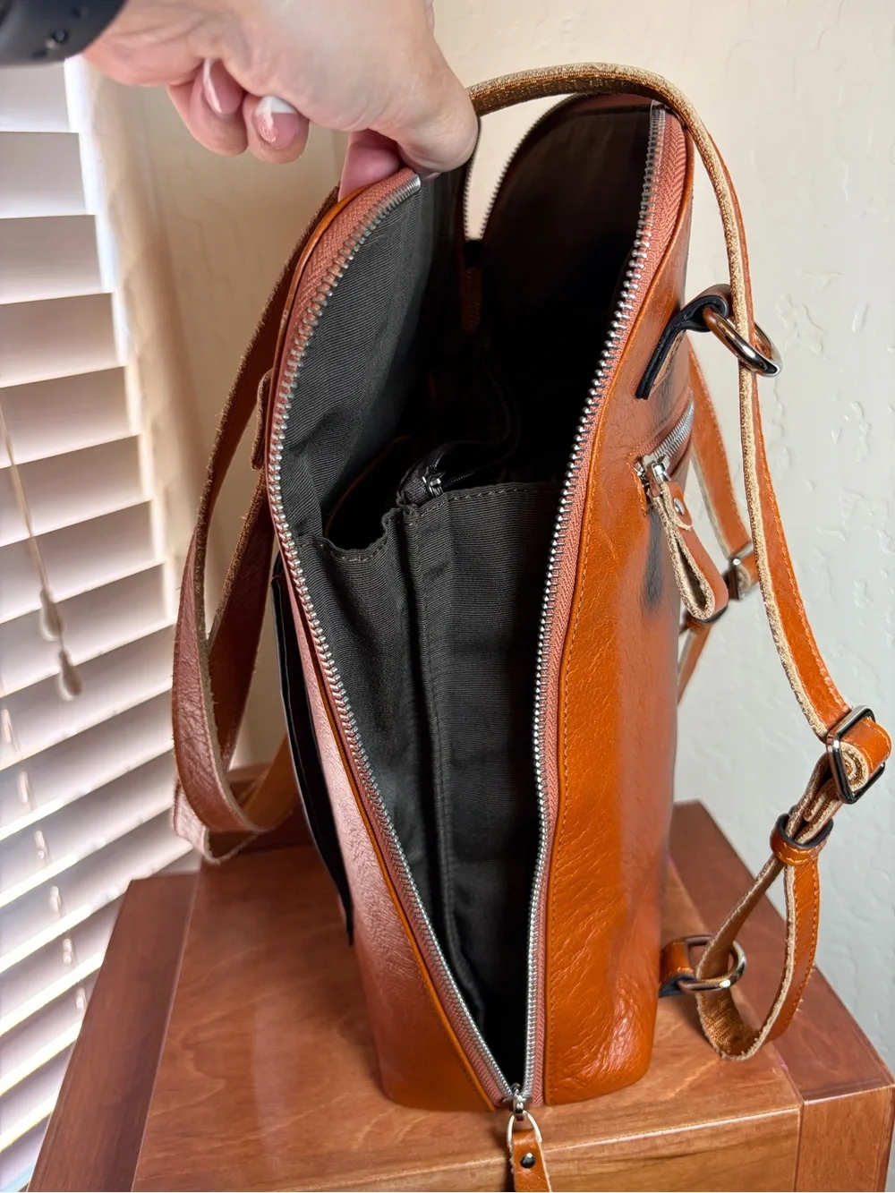 S-ZONE Genuine Leather Backpack Cognac Brown Laptop Travel Bag Unisex